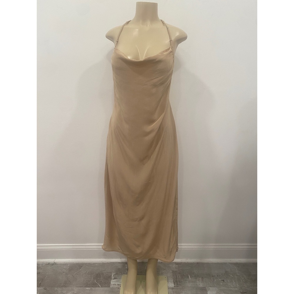 Zara Midi Dress Womens XS Tan Viscose Beaded Cowl Halter Neck Summer Wear NWT
